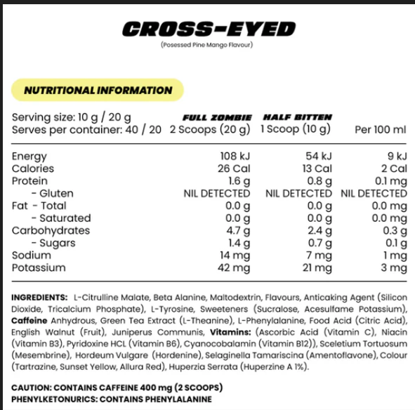 Zombie Labs Cross-Eyed Extreme Stimulant Pre-Workout 40 Serves Epidemic Energy Flavour